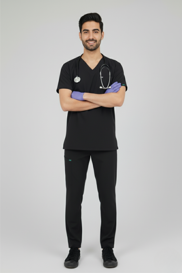 Men Black Scrub - Cowl V Neck
