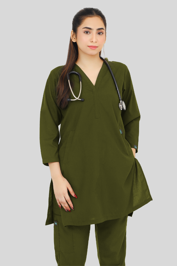 Women Olive Scrub - Y Neck