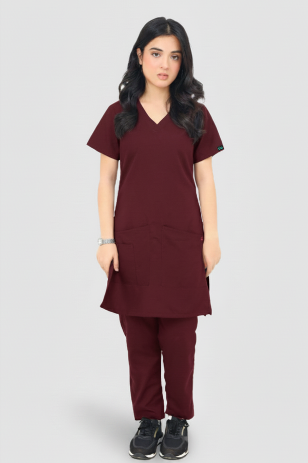 Women Maroon Scrub - Flap V Neck